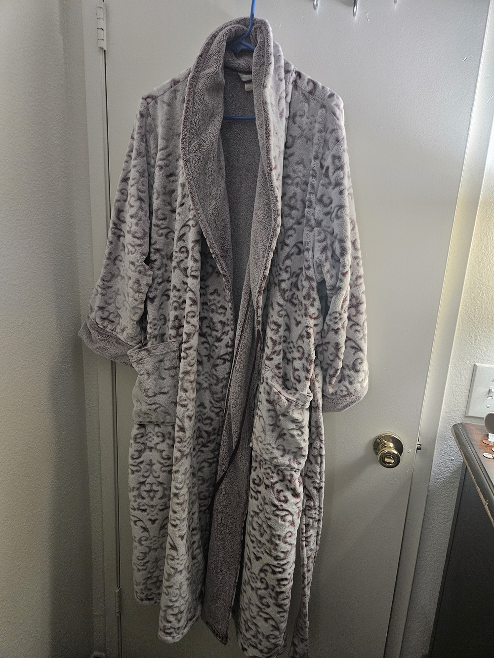 Charter Club Plush Shawl-Collar Long Robe in Burgundy and Gray
